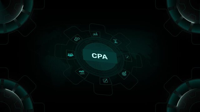 CPA certified public accountant accounting and audit concept on digital gear HUD interface background loop