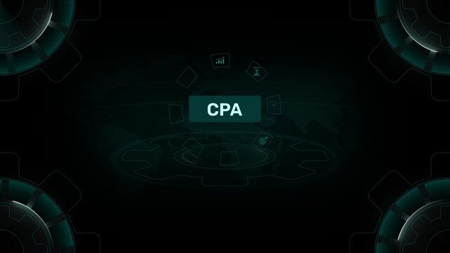 CPA certified public accountant accounting and audit concept on digital gear HUD interface background loop