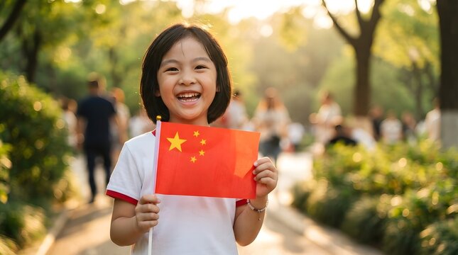 A joyful young asian girl smiling while holding a small chinese flag outdoors in a park during the festive celebration of national day china holiday