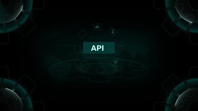 Application programming interface technology concept. Person using laptop with API and cloud connection icons, data exchange on digital gear HUD interface background loop
