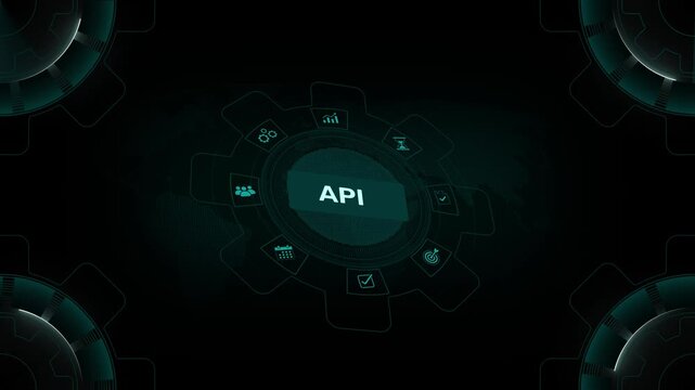 Application programming interface technology concept. Person using laptop with API and cloud connection icons, data exchange on digital gear HUD interface background loop