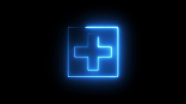 Neon plus sign icon animation glowing blue color neon sign positive mathematic accountancy calculating icon sign symbol on black background	