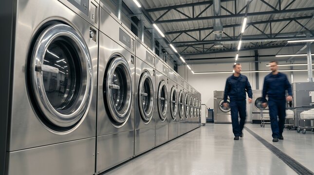 Industrial laundry machines in modern facility with workers managing operations efficiently