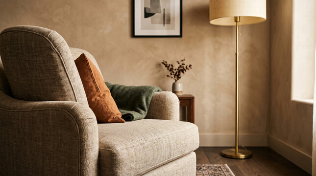 armchair and floor lamp indoors in cozy living room interior