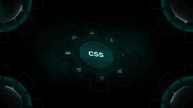 CSS cascading style sheets web development and front end coding concept on digital gear HUD background loop