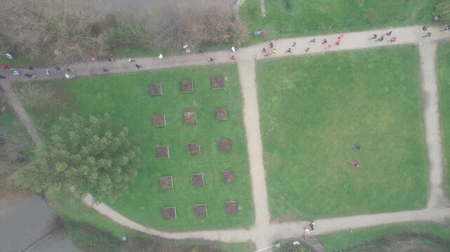 Nadir park paths with runners and square planter beds