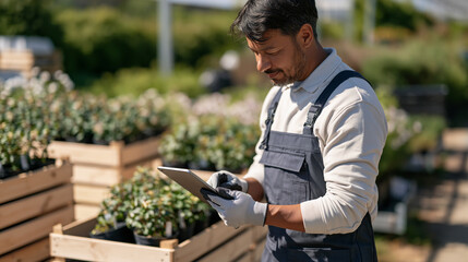 Fototapeta premium Plant care consultant monitors a network of potted specimen sensors remotely on a tablet under harsh midday sun, a stack of wooden crates ready for greenhouse transport visible at