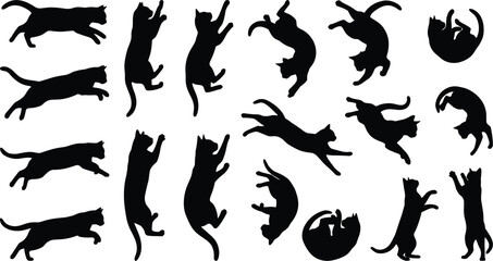 Obraz premium Cat Silhouettes Vector Set Featuring Playing Jumping Pouncing Stretching Climbing and Sleeping Poses