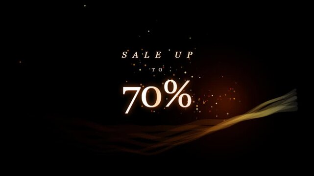 Elegant sale up to seventy percent promo with golden particles on black background.