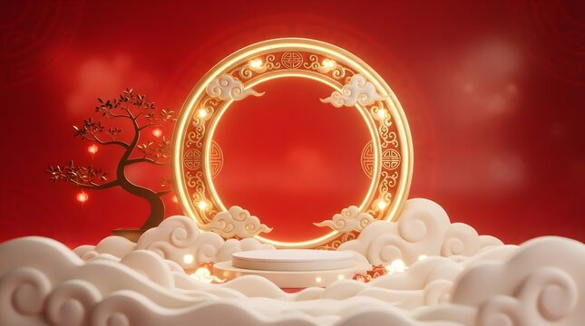 A festive 3d product display podium featuring traditional chinese elements and glowing golden frame decorations perfect for celebrating the upcoming national day china holiday event