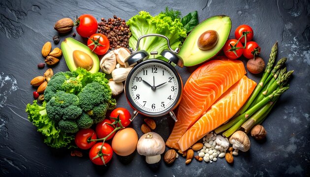 Fresh salmon, broccoli, avocado, asparagus, tomatoes and legumes arranged around an alarm clock on dark slate, representing balanced nutrition, meal planning and a healthy lifestyle.