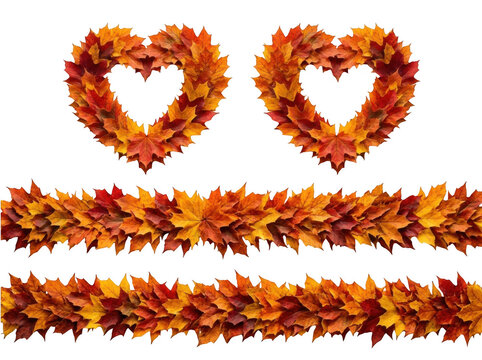 Autumn maple leaf heart wreaths and garlands on transparent background
