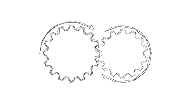 Simple line art illustration of two interlocking gears rotating in opposite directions.