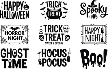 Obraz premium Halloween typography collection with spooky phrases ghosts bats pumpkins spiders and decorative horror elements