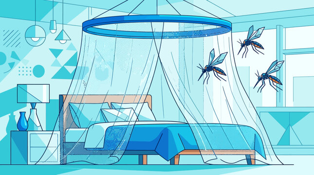 A detailed vector illustration of a cozy bedroom featuring a blue mosquito net hanging over a bed, with a mosquito flying outside the protective canopy.