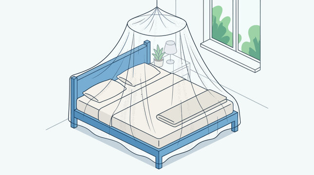 Isometric vector illustration of a modern bedroom featuring a blue wooden double bed covered by a protective white mosquito net canopy.