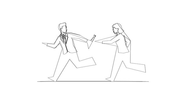 Continuous line drawing of business people passing a relay baton in a race.