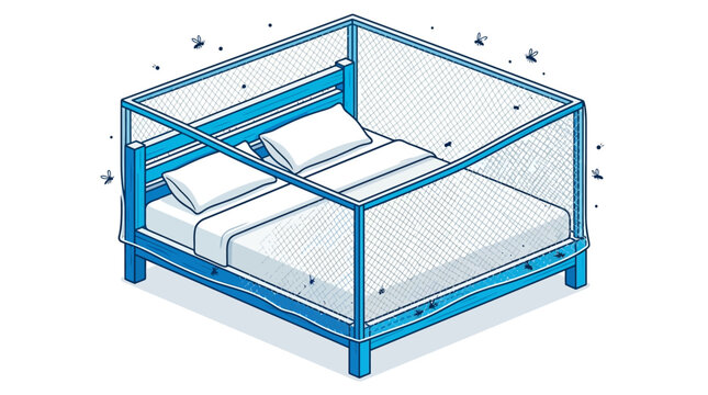 Clean isometric vector illustration of a double bed with white pillows and sheets, enclosed by a blue mosquito net canopy to protect against flying insects.