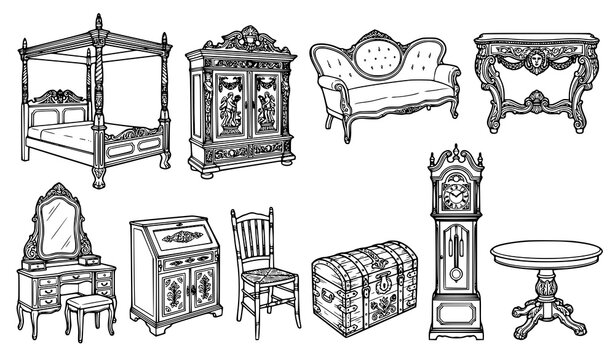 Antique furniture collection, hand drawn vintage cabinet, sofa, chairs, tables, grandfather clock and decorative furnishings