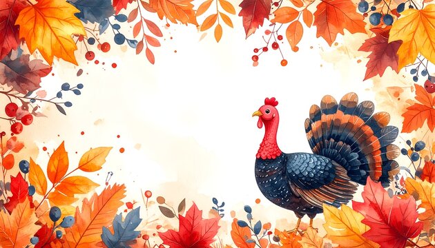 Colorful watercolor turkey surrounded by autumn foliage and berries, positioned on the right with open space for text, ideal for Thanksgiving cards, invitations and seasonal marketing.