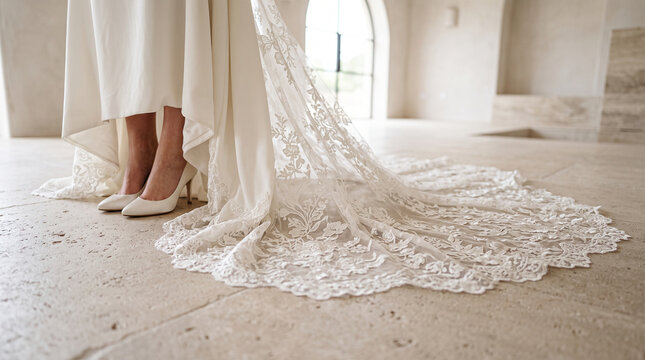 bridal gown on stone floor with lace train and elegant heels