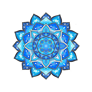Glowing blue lotus mandala flower with intricate ornamental details isolated on white background