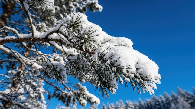 Beautiful winter landscape background. Evergreen pine branch heavily laden with fresh white snow against a clear sky.