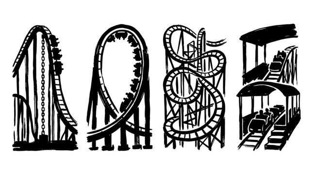 Thrilling Roller Coaster Designs for Excitement , rough vintage hand-drawn ink isolated on white background. Vector illustration