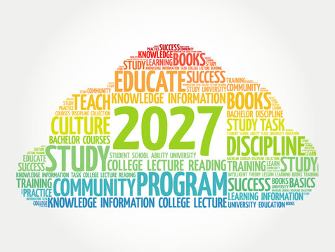 2027 education word cloud with study, knowledge, books, learning and university text arranged in cloud shape, colorful academic typography concept