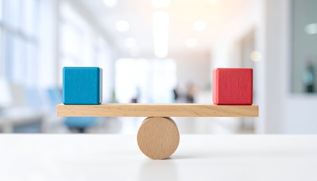 Wooden balance scale with blue and red blocks representing two competing sides, conveying comparison, fairness, equilibrium, choices and strategic decision-making.