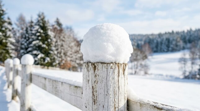 Beautiful winter landscape background. Classic white wooden fence post topped with a thick layer of fresh snow.