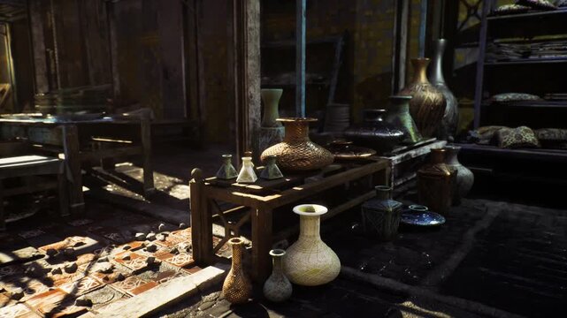 Ancient egyptian pottery still life arranged on timber table, alabaster and clay vases catching golden shaft of light, fine craquelure visible, quiet museumlike