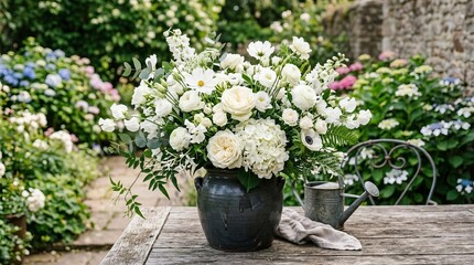 Naklejka premium Elegant bouquet of white hydrangeas and roses in rustic black vases on wooden table outdoors.
