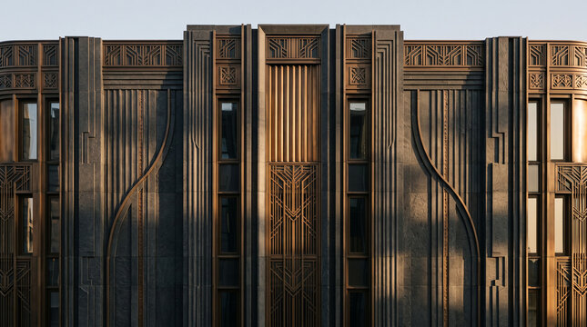 building facade with geometric frames and art deco architectural details
