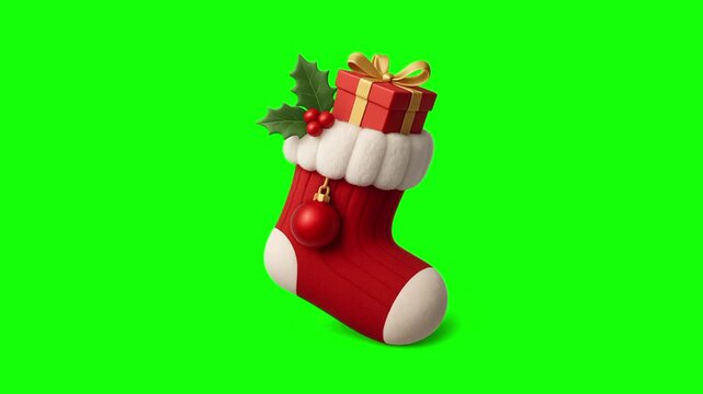 Christmas stocking sock with gift box ornamental. Xmas tree accessories icon sign, isolated on green screen. Vector cartoon animation. Holiday, illustration idea, party and celebration symbol.