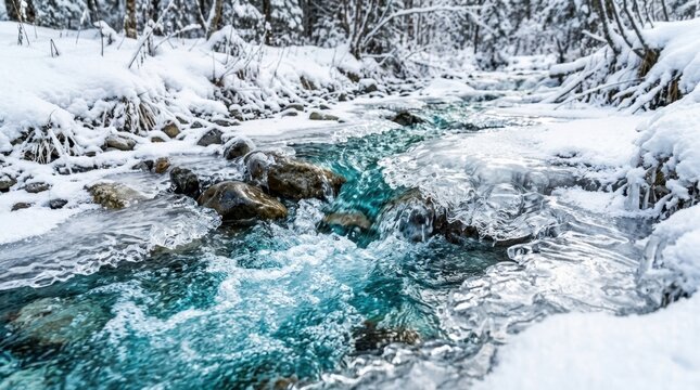 Beautiful winter landscape background. Swiftly bubbling river stream rushing between ice covered rocky banks.