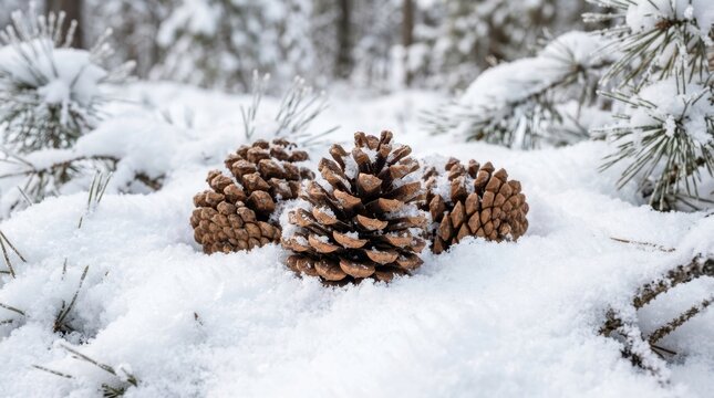 Beautiful winter landscape background. Several brown pine cones nestled softly into a bed of pristine white snow.