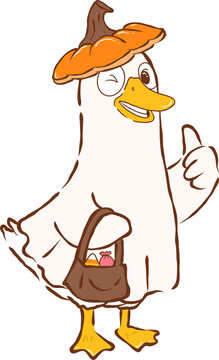 Spooky Goose wearing pumpkin hat holding candy bag