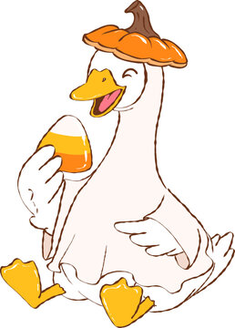 Cute silly goose in ghost costume with pumpkin hat trick or treating for Halloween
