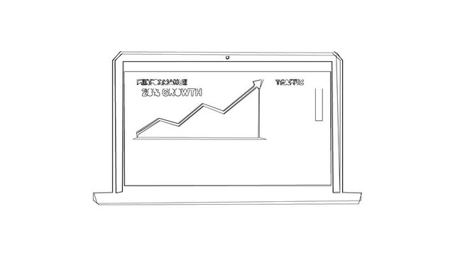 A simple line drawing of a laptop computer showing a rising growth chart on the screen.