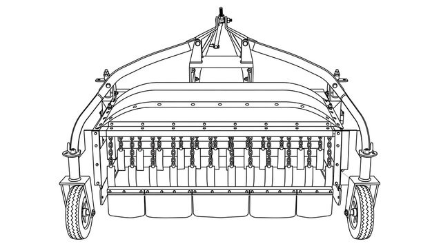 Agricultural hay tedder machine line drawing white background.
