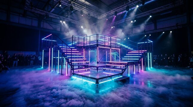 Three dimensional performance platform illuminated by vibrant glowing tubes and filled with low-lying misty haze stage neon smoke 3d render platform light glow platform concrete