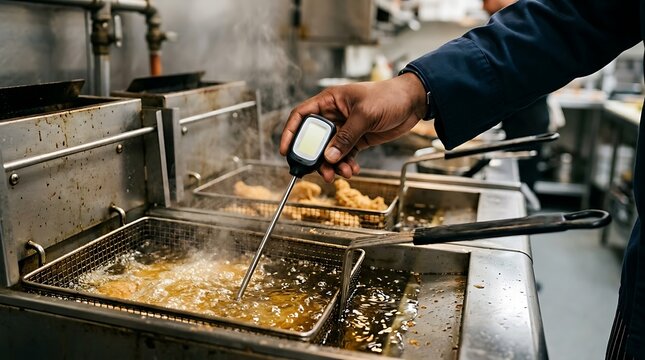 Chef checking temperature of deep fried food in a commercial kitchen fryer