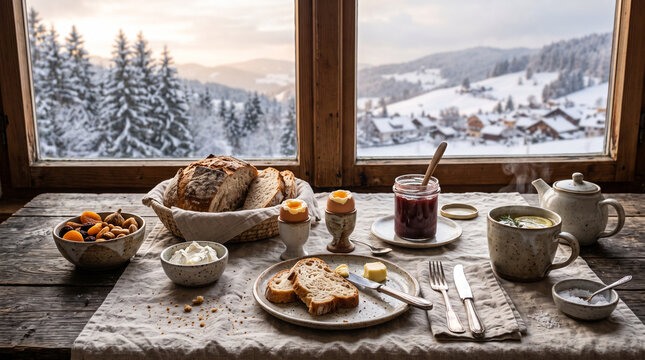 cozy winter breakfast table with rustic bread eggs jam and snowy mountain view