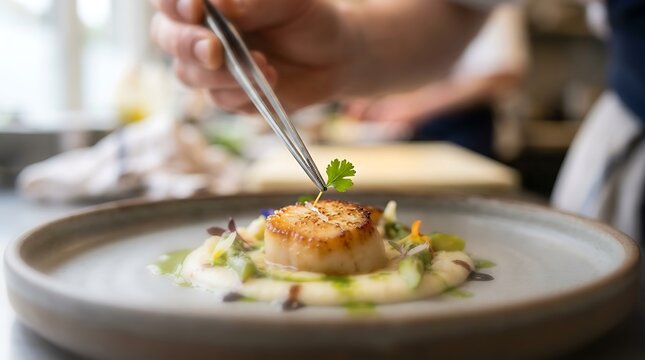 Chef plating a gourmet seared scallop with tweezers in a professional restaurant kitchen