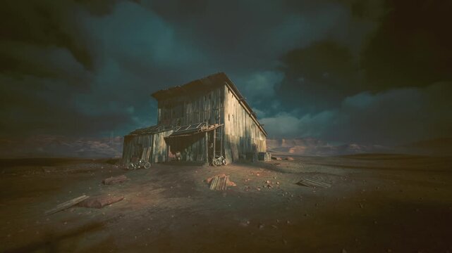 Old barn facing approaching storm clouds, dramatic contrast and windblown debris, splintered boards, thunderhead backlight and gritty looming tension.