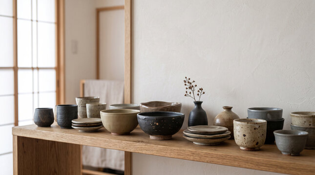 handmade pottery collection on wooden shelf in minimalist interior