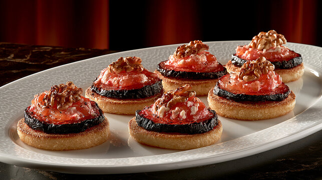 Gourmet canape appetizers with tomato and eggplant on white plate tomato tart eggplant past