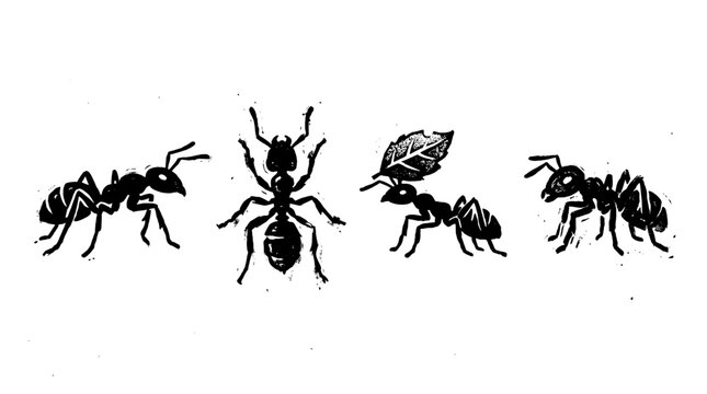 Stylized Ant Illustrations in Black and White , rough vintage hand-drawn ink isolated on white background. Vector illustration
