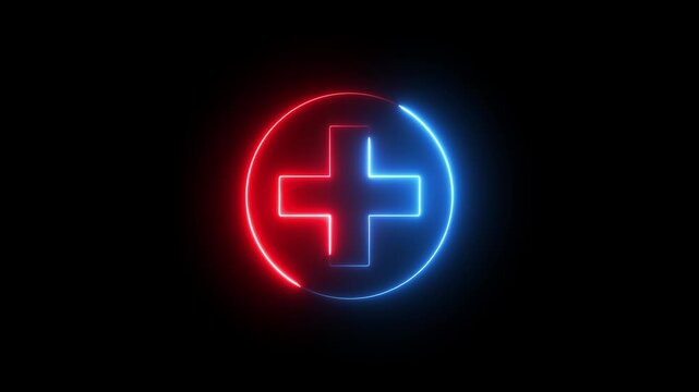Neon plus sign icon animation glowing red and blue color neon sign positive mathematic accountancy calculating icon sign symbol on black background	